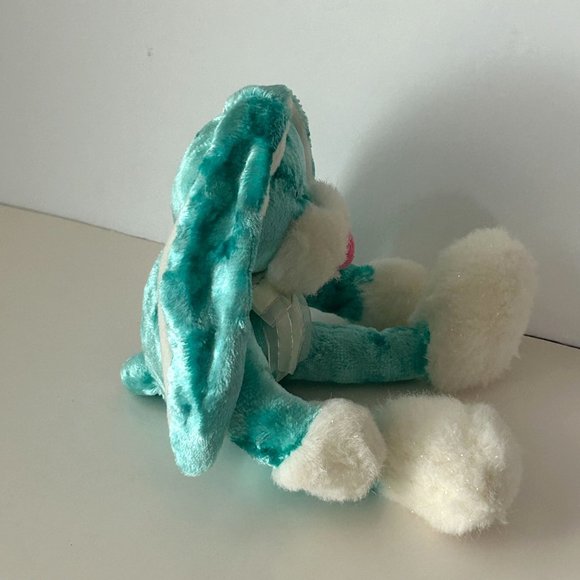 Dan Dee Teal Plush Bunny Rabbit Pink Nose & Bow Flopy Ear 11" Stuffed Animal Toy - Picture 2 of 11